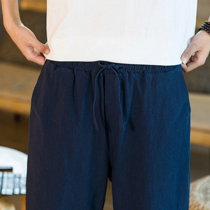 Simple Design Drawstring Cotton Linen Men's Solid Color Harem Pants With Pockets
