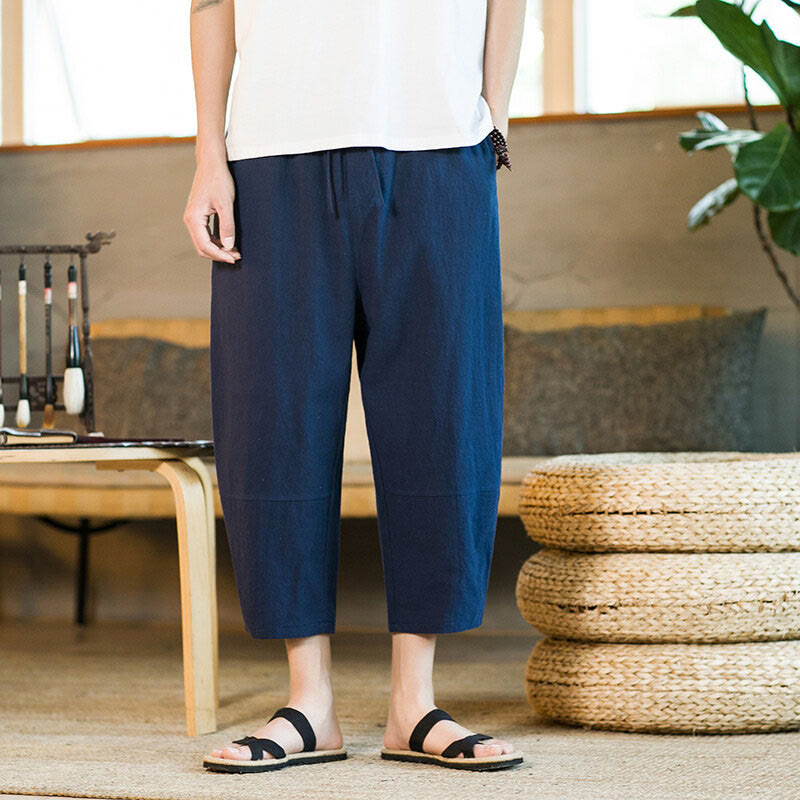 Simple Design Drawstring Cotton Linen Men's Solid Color Harem Pants With Pockets