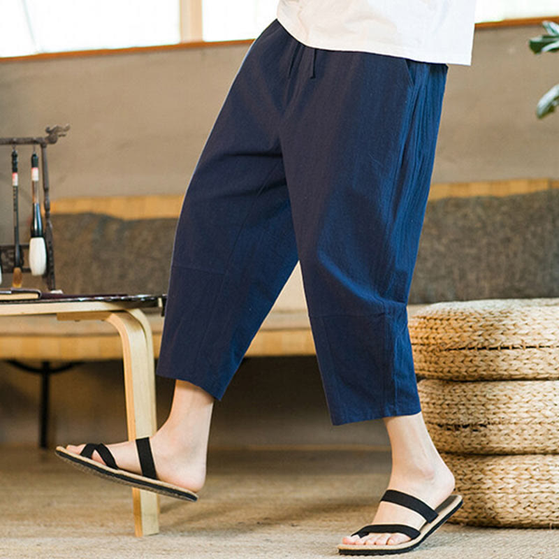 Simple Design Drawstring Cotton Linen Men's Solid Color Harem Pants With Pockets