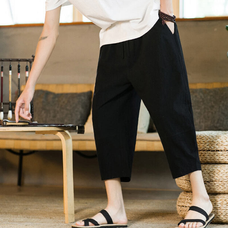 Simple Design Drawstring Cotton Linen Men's Solid Color Harem Pants With Pockets