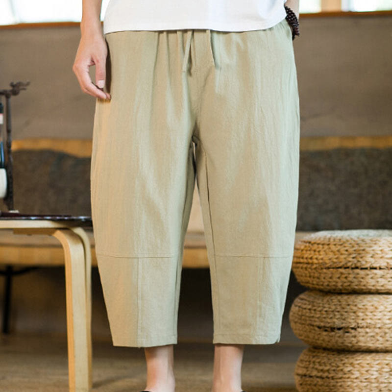 Simple Design Drawstring Cotton Linen Men's Solid Color Harem Pants With Pockets
