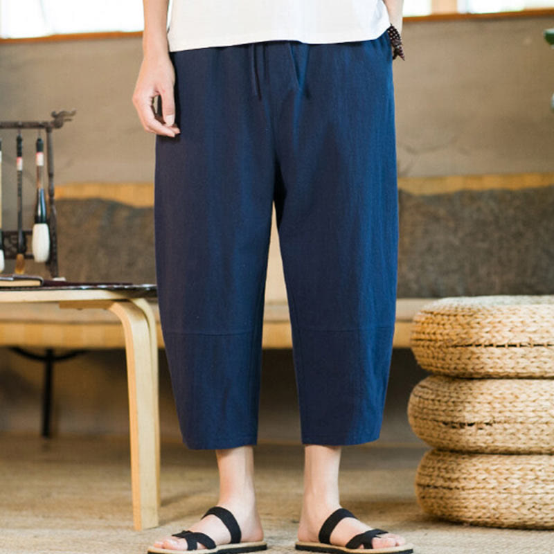 Simple Design Drawstring Cotton Linen Men's Solid Color Harem Pants With Pockets