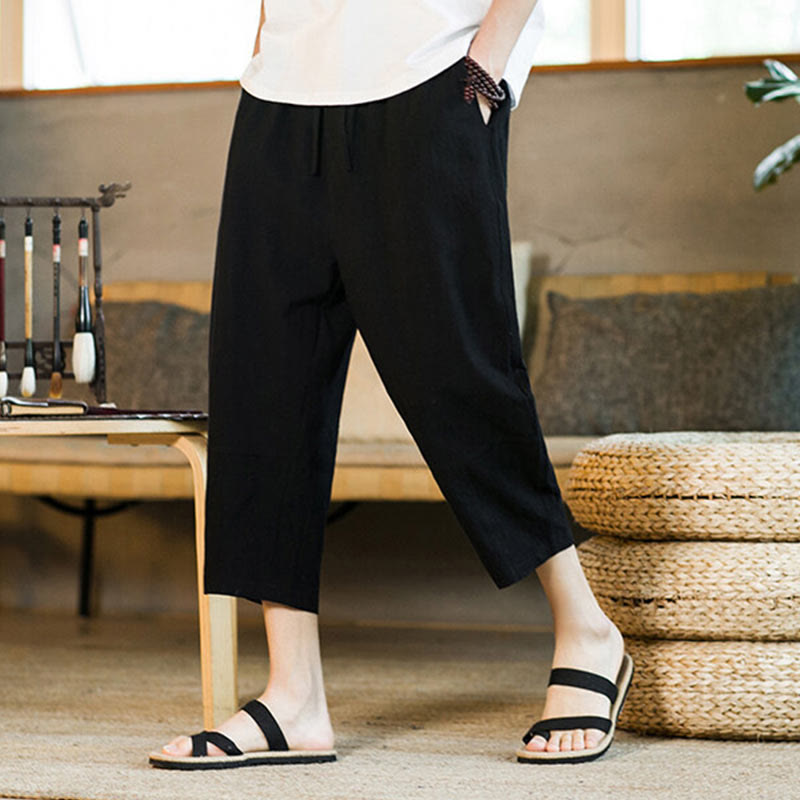 Simple Design Drawstring Cotton Linen Men's Solid Color Harem Pants With Pockets