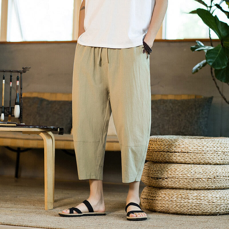 Simple Design Drawstring Cotton Linen Men's Solid Color Harem Pants With Pockets