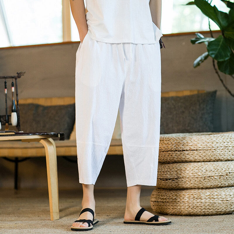 Simple Design Drawstring Cotton Linen Men's Solid Color Harem Pants With Pockets