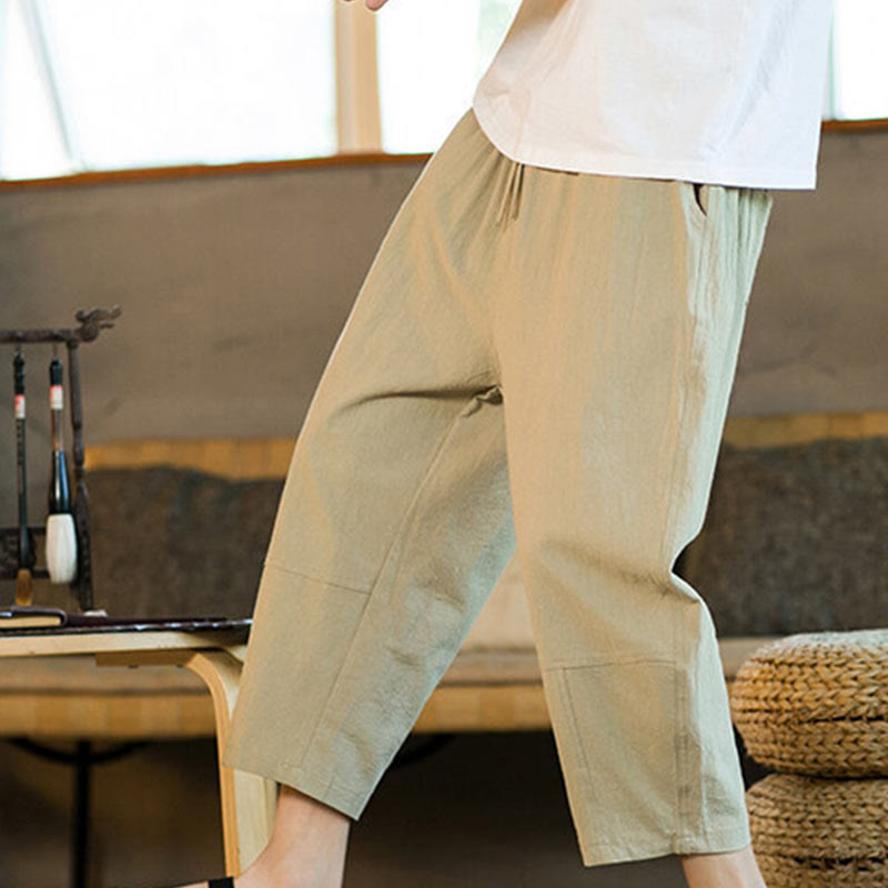Simple Design Drawstring Cotton Linen Men's Solid Color Harem Pants With Pockets