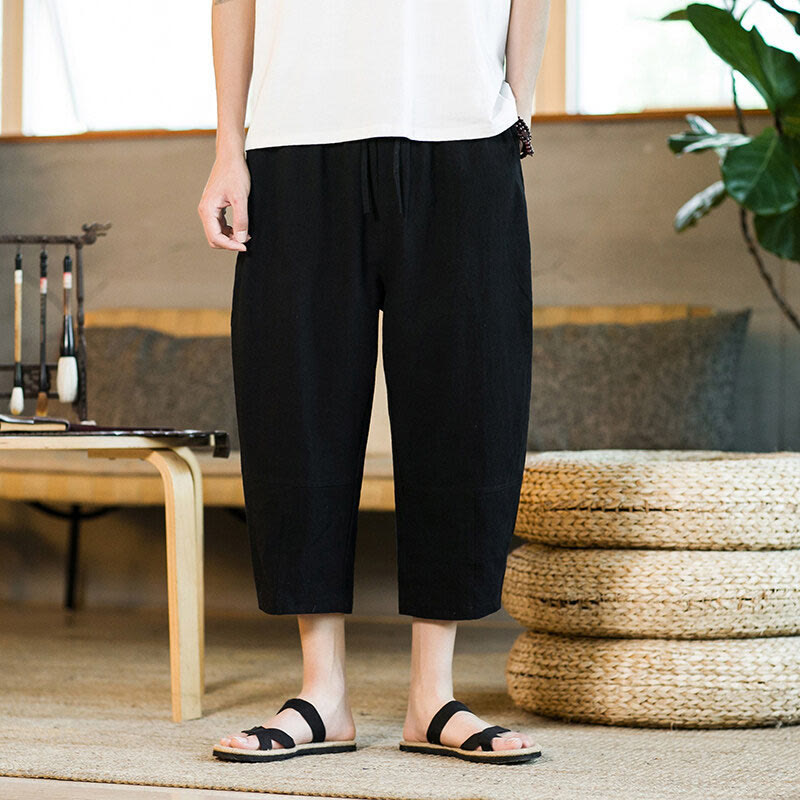 Simple Design Drawstring Cotton Linen Men's Solid Color Harem Pants With Pockets