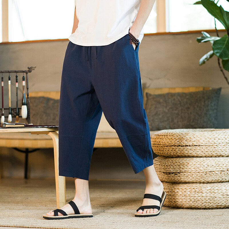 Simple Design Drawstring Cotton Linen Men's Solid Color Harem Pants With Pockets