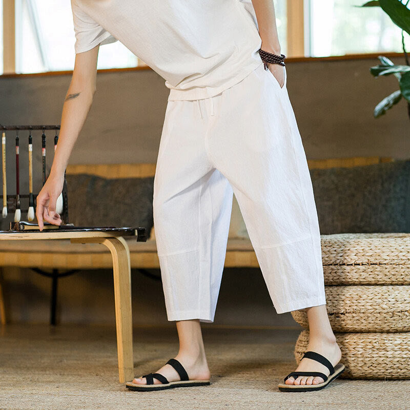 Simple Design Drawstring Cotton Linen Men's Solid Color Harem Pants With Pockets