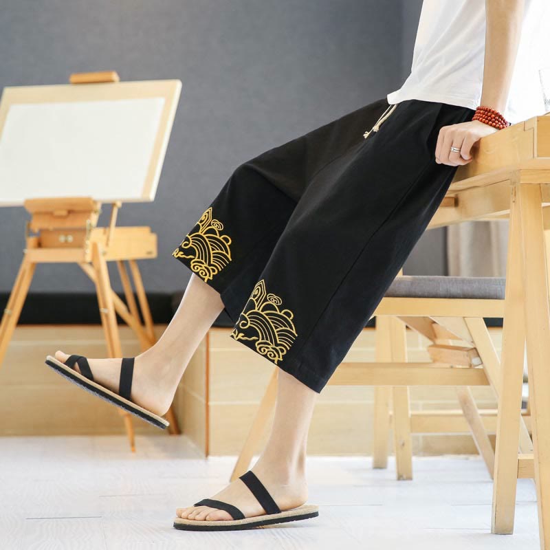 Spring Casual Embroidery Drawstring Men's 7-8 Length Cotton Linen Harem Pants With Pockets
