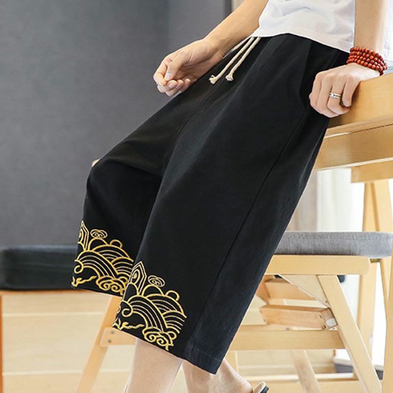 Spring Casual Embroidery Drawstring Men's 7-8 Length Cotton Linen Harem Pants With Pockets