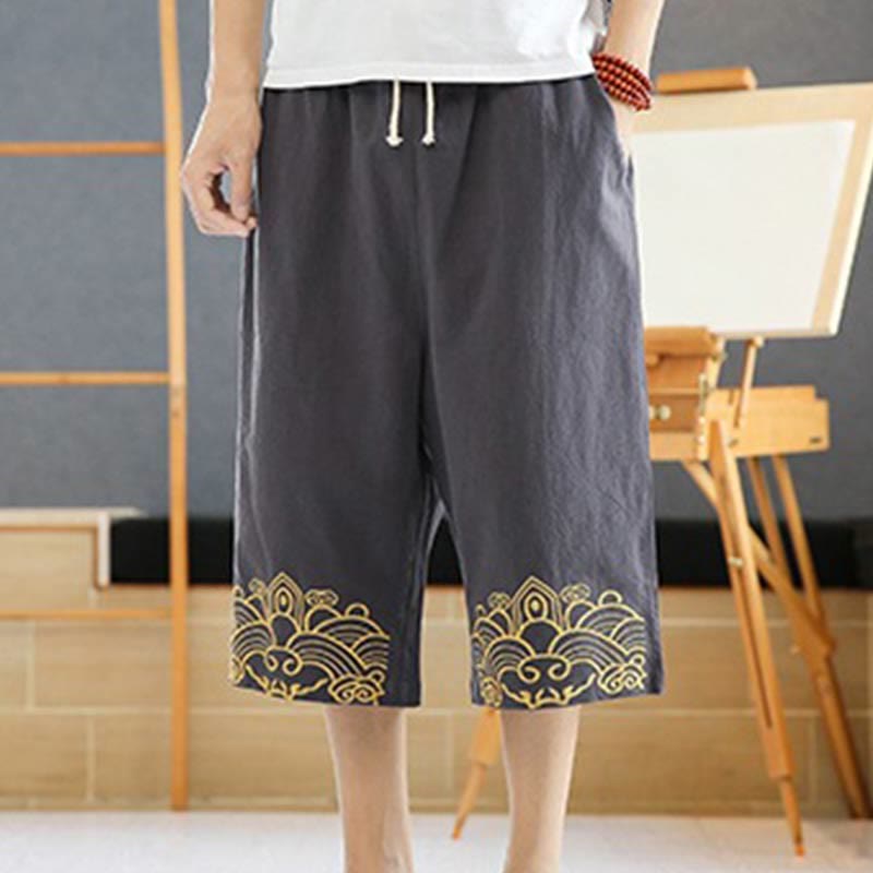 Spring Casual Embroidery Drawstring Men's 7-8 Length Cotton Linen Harem Pants With Pockets