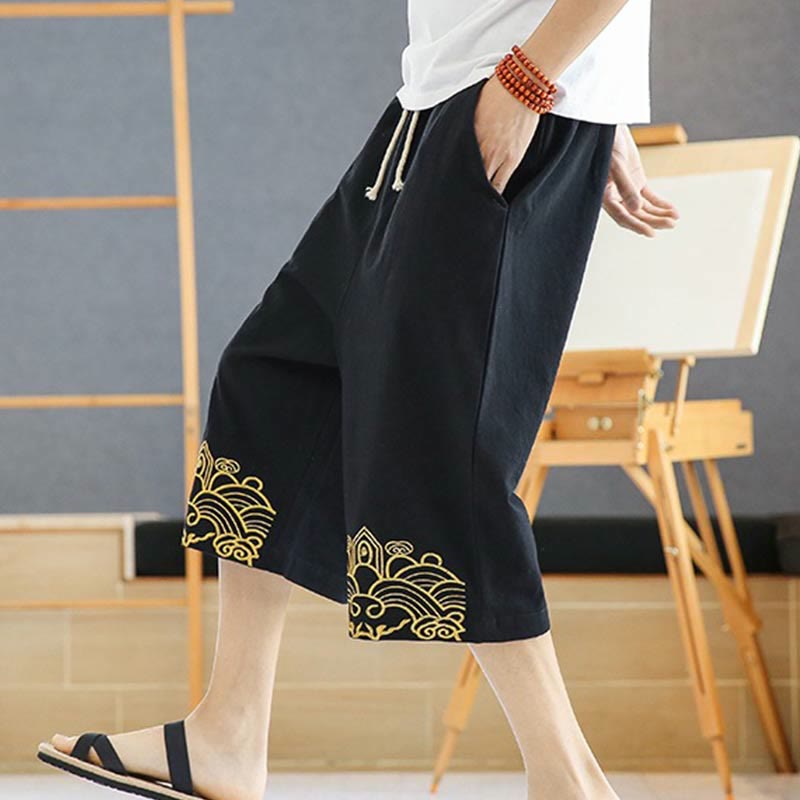 Spring Casual Embroidery Drawstring Men's 7-8 Length Cotton Linen Harem Pants With Pockets