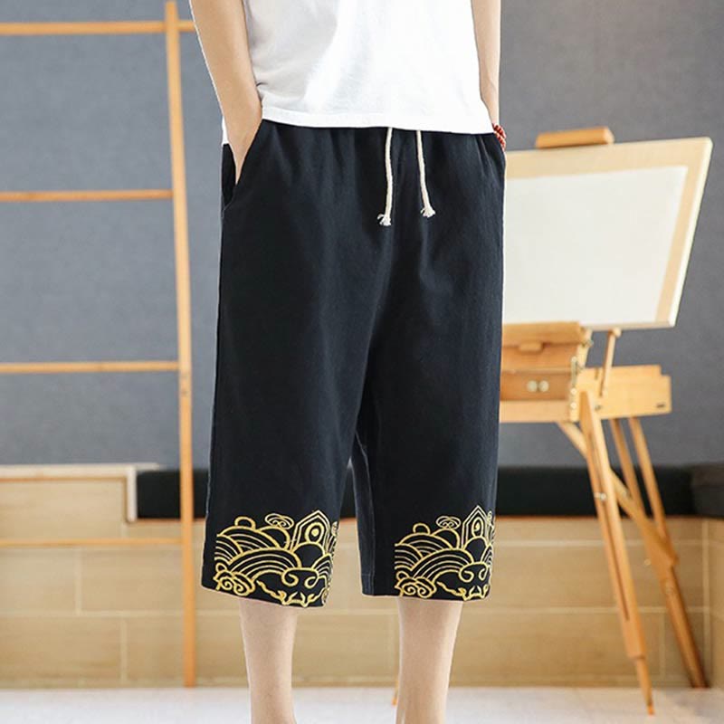 Spring Casual Embroidery Drawstring Men's 7-8 Length Cotton Linen Harem Pants With Pockets