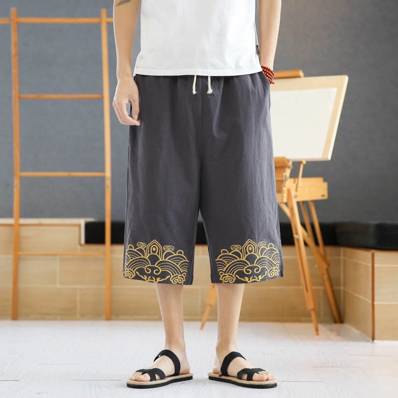 Spring Casual Embroidery Drawstring Men's 7-8 Length Cotton Linen Harem Pants With Pockets