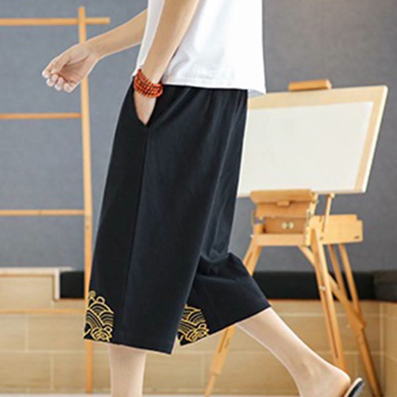 Spring Casual Embroidery Drawstring Men's 7-8 Length Cotton Linen Harem Pants With Pockets
