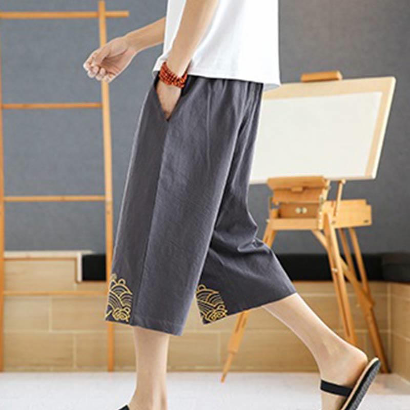 Spring Casual Embroidery Drawstring Men's 7-8 Length Cotton Linen Harem Pants With Pockets