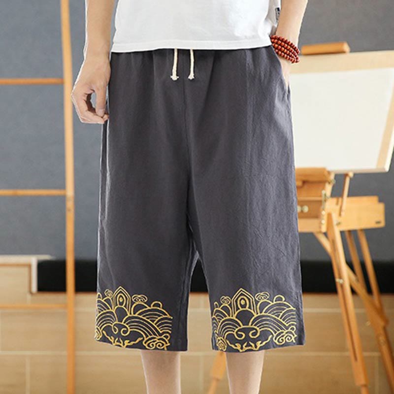 Spring Casual Embroidery Drawstring Men's 7-8 Length Cotton Linen Harem Pants With Pockets