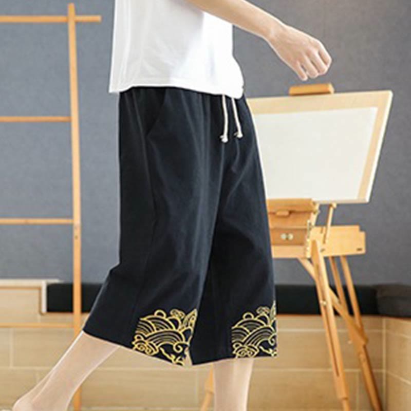 Spring Casual Embroidery Drawstring Men's 7-8 Length Cotton Linen Harem Pants With Pockets