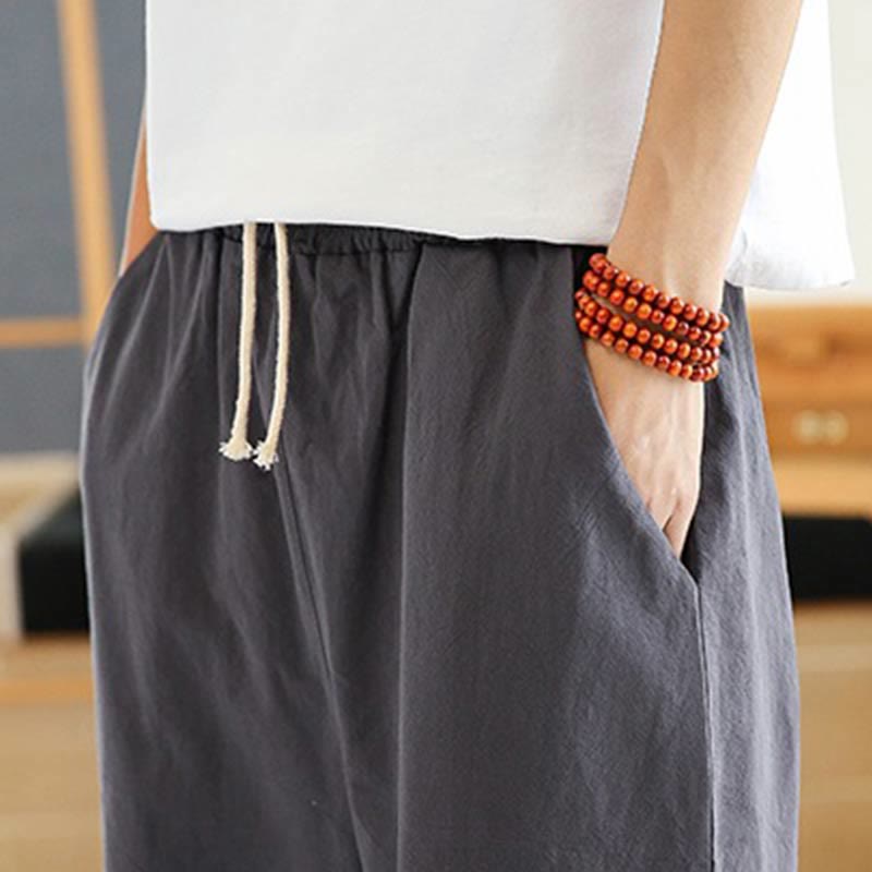 Spring Casual Embroidery Drawstring Men's 7-8 Length Cotton Linen Harem Pants With Pockets