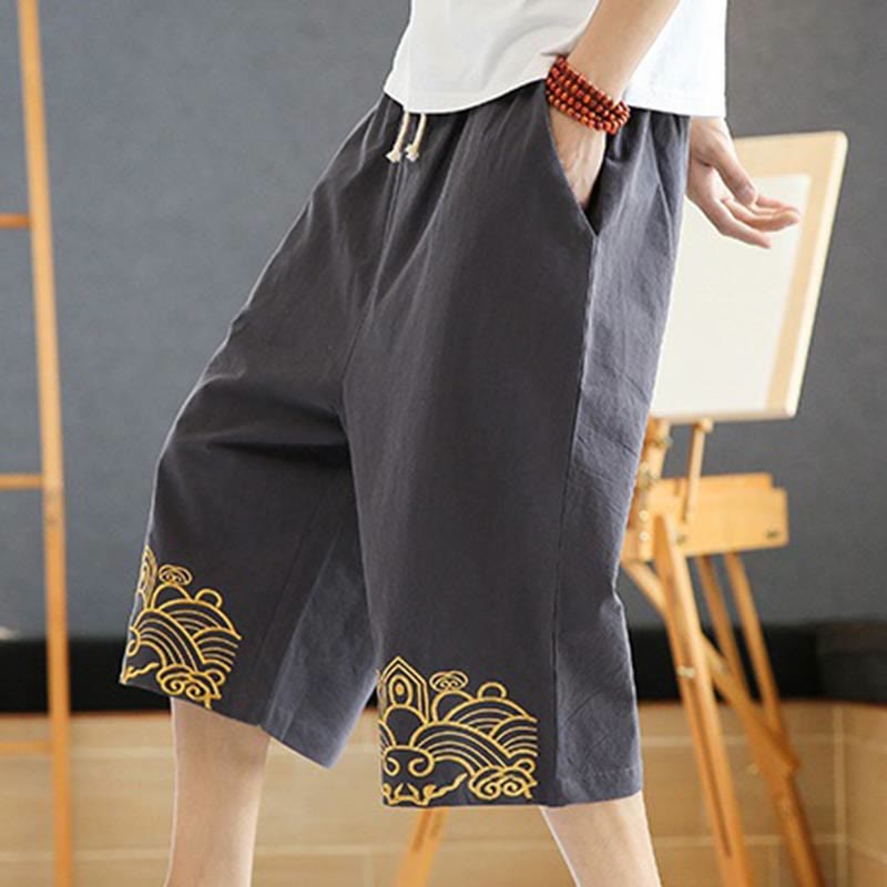 Spring Casual Embroidery Drawstring Men's 7-8 Length Cotton Linen Harem Pants With Pockets