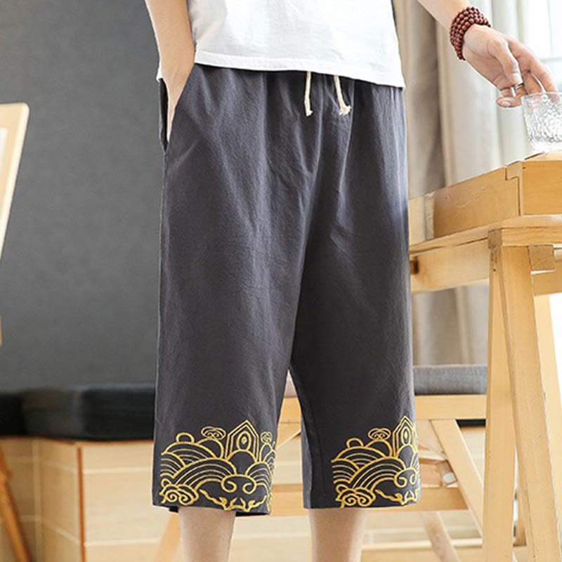 Spring Casual Embroidery Drawstring Men's 7-8 Length Cotton Linen Harem Pants With Pockets
