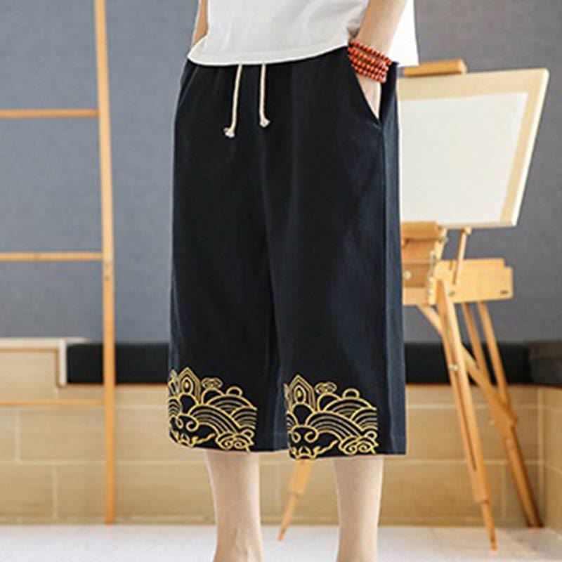 Spring Casual Embroidery Drawstring Men's 7-8 Length Cotton Linen Harem Pants With Pockets