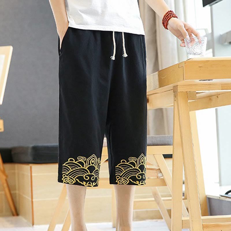 Spring Casual Embroidery Drawstring Men's 7-8 Length Cotton Linen Harem Pants With Pockets