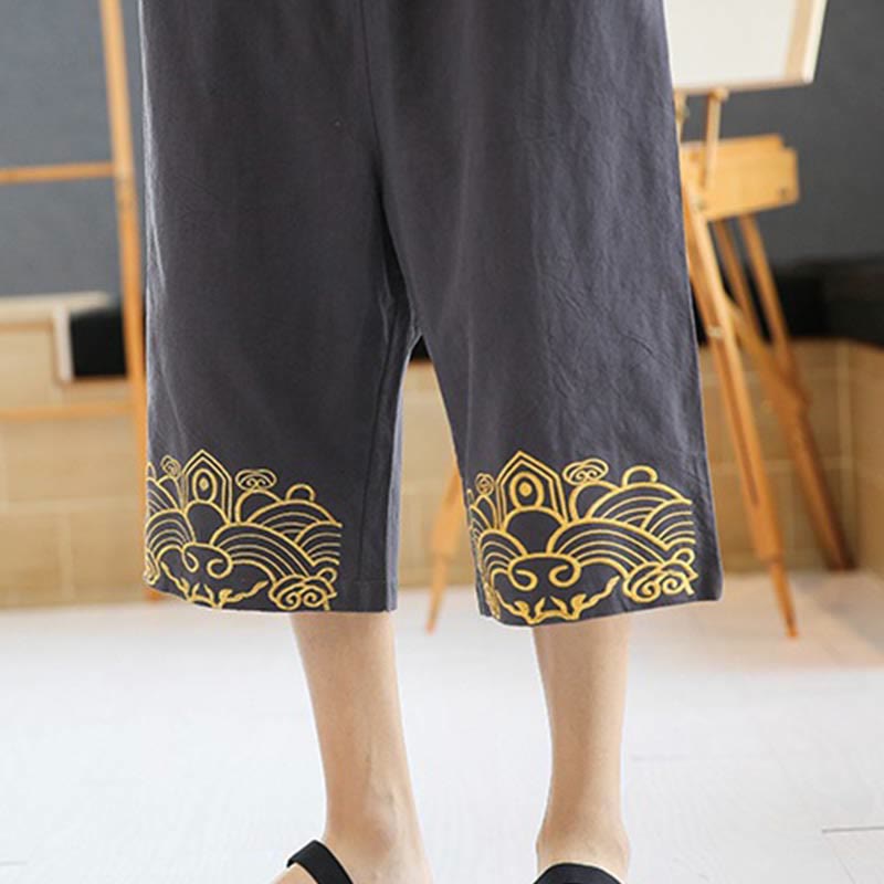 Spring Casual Embroidery Drawstring Men's 7-8 Length Cotton Linen Harem Pants With Pockets