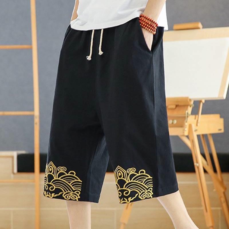 Spring Casual Embroidery Drawstring Men's 7-8 Length Cotton Linen Harem Pants With Pockets
