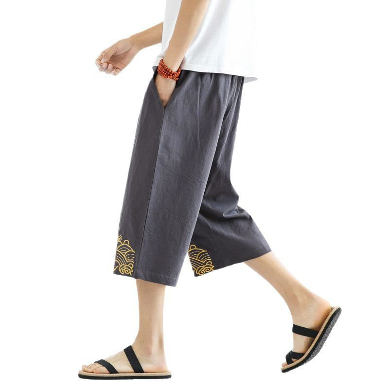 Spring Casual Embroidery Drawstring Men's 7-8 Length Cotton Linen Harem Pants With Pockets