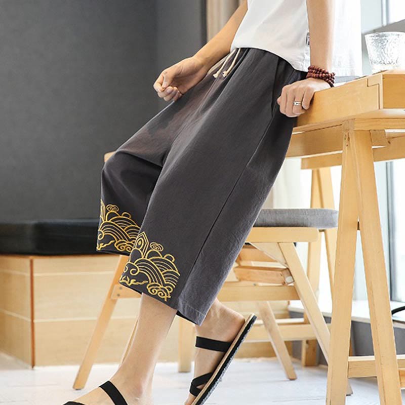 Spring Casual Embroidery Drawstring Men's 7-8 Length Cotton Linen Harem Pants With Pockets