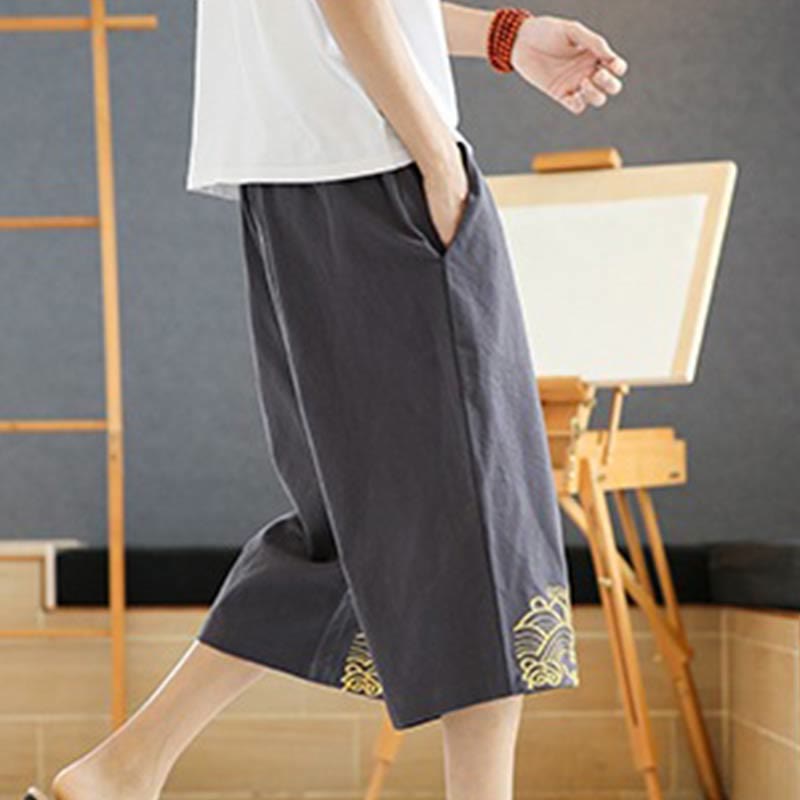 Spring Casual Embroidery Drawstring Men's 7-8 Length Cotton Linen Harem Pants With Pockets