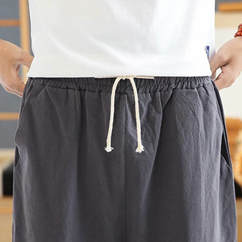 Spring Casual Embroidery Drawstring Men's 7-8 Length Cotton Linen Harem Pants With Pockets