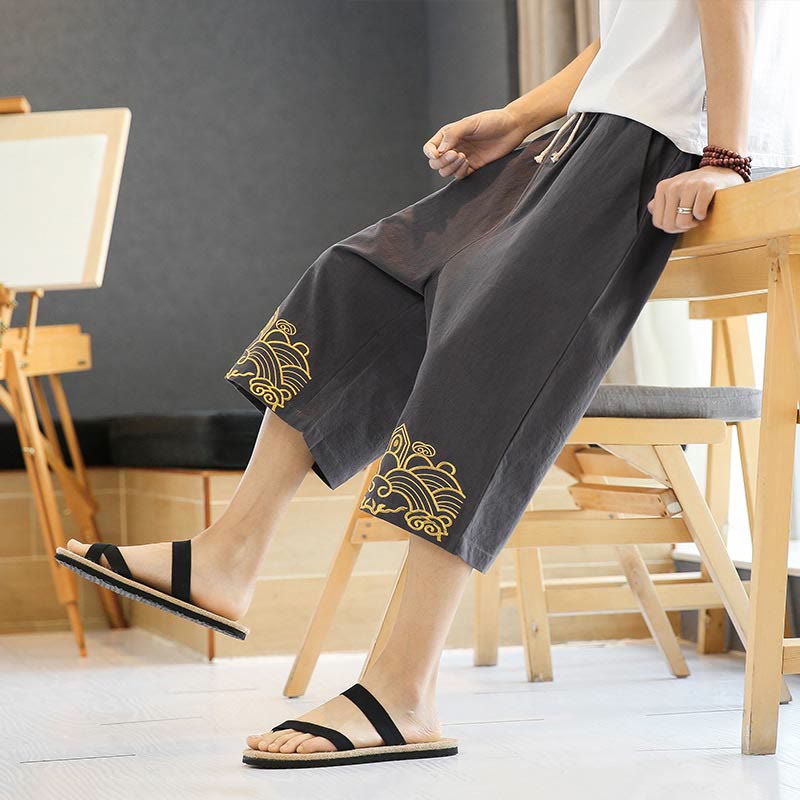 Spring Casual Embroidery Drawstring Men's 7-8 Length Cotton Linen Harem Pants With Pockets