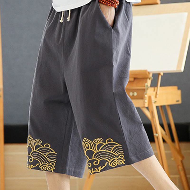 Spring Casual Embroidery Drawstring Men's 7-8 Length Cotton Linen Harem Pants With Pockets