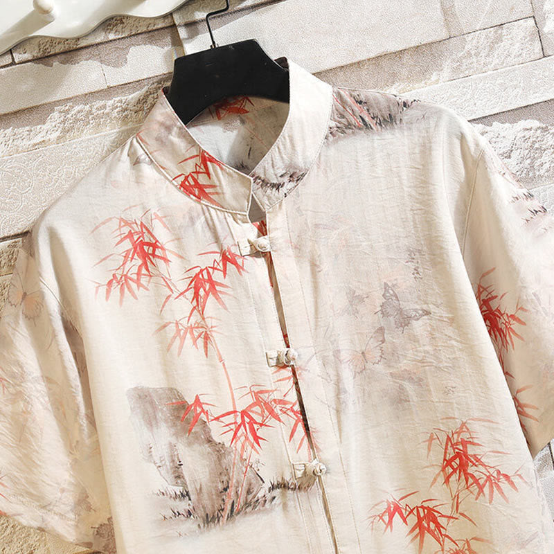 Summer Bamboo Butterfly Pattern Short Sleeve Frog-button Design Men's Shirt Jacket
