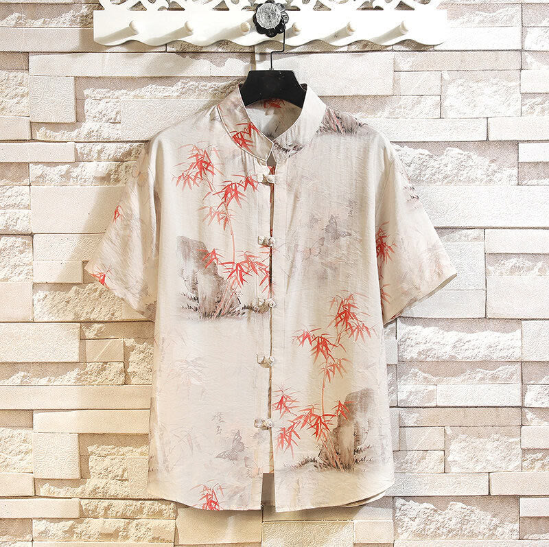 Summer Bamboo Butterfly Pattern Short Sleeve Frog-button Design Men's Shirt Jacket