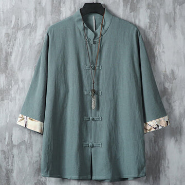Cotton Linen Frog Button Stand Collar Meditation Shirt Jacket