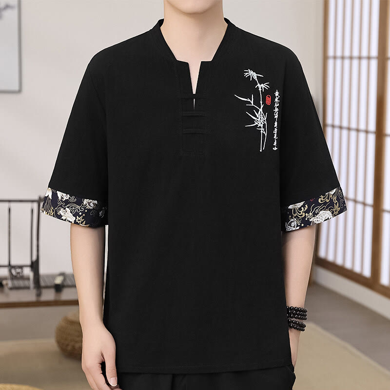 Summer Embroidery Bamboo Pattern Patchwork Design Men's Half Sleeve Cotton Linen T-Shirt