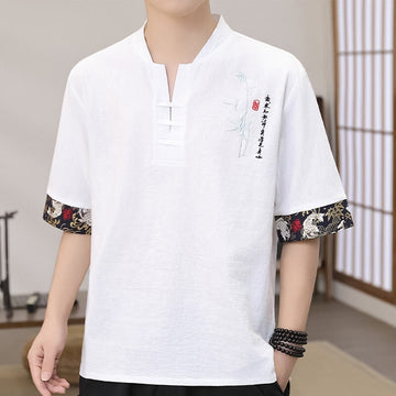 Summer Embroidery Bamboo Pattern Patchwork Design Men's Half Sleeve Cotton Linen T-Shirt