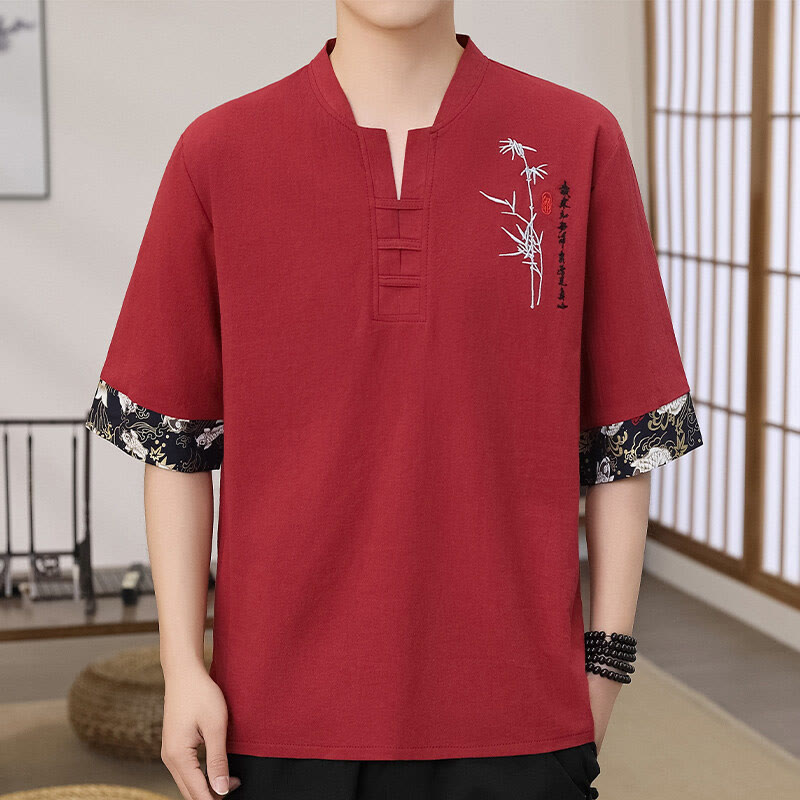 Summer Embroidery Bamboo Pattern Patchwork Design Men's Half Sleeve Cotton Linen T-Shirt