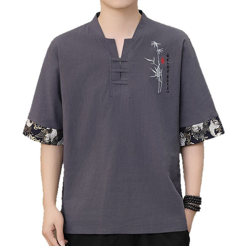 Summer Embroidery Bamboo Pattern Patchwork Design Men's Half Sleeve Cotton Linen T-Shirt