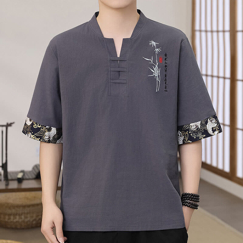 Summer Embroidery Bamboo Pattern Patchwork Design Men's Half Sleeve Cotton Linen T-Shirt