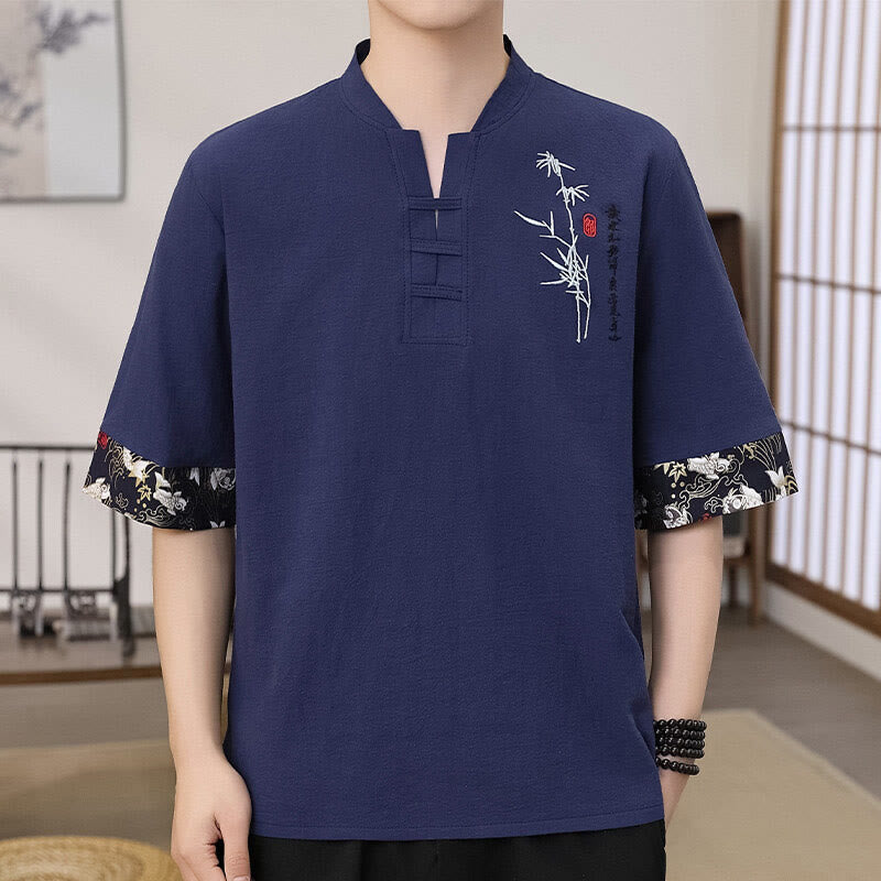 Summer Embroidery Bamboo Pattern Patchwork Design Men's Half Sleeve Cotton Linen T-Shirt