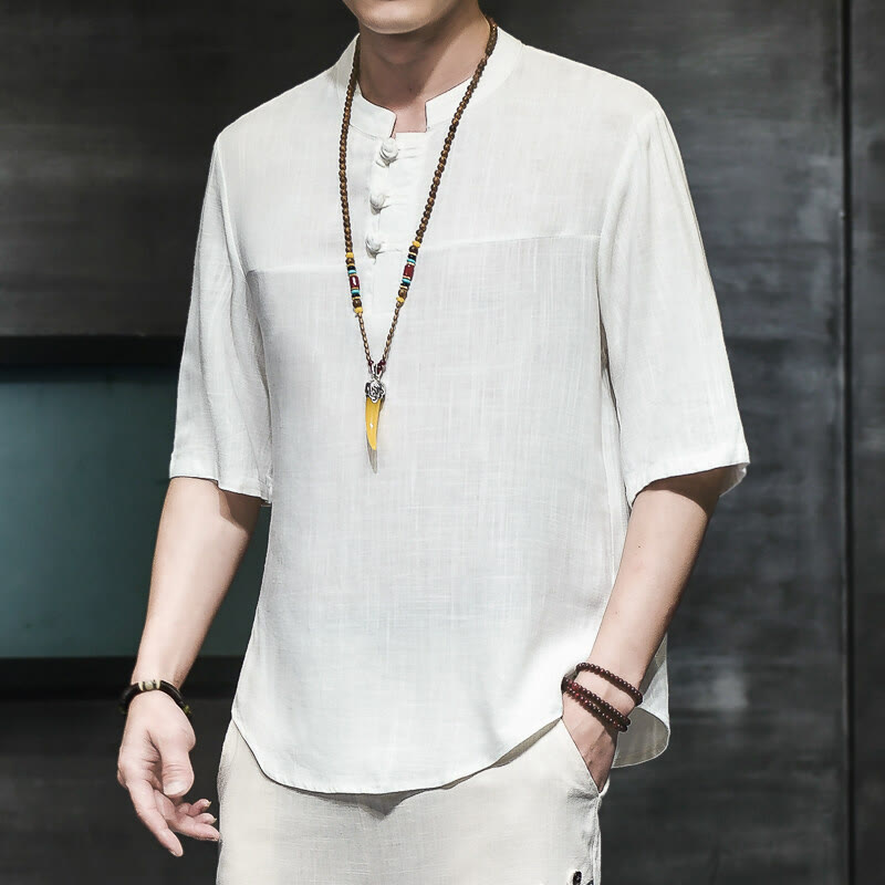 Casual Vintage Chinese Frog-Button Men's Half Sleeve Cotton Linen T-Shirt