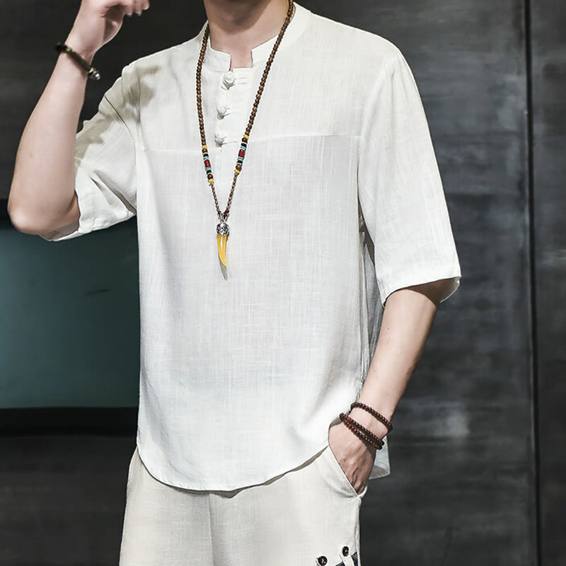 Casual Vintage Chinese Frog-Button Men's Half Sleeve Cotton Linen T-Shirt