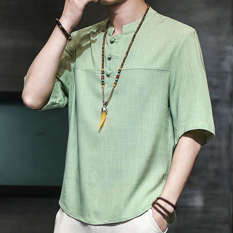 Casual Vintage Chinese Frog-Button Men's Half Sleeve Cotton Linen T-Shirt