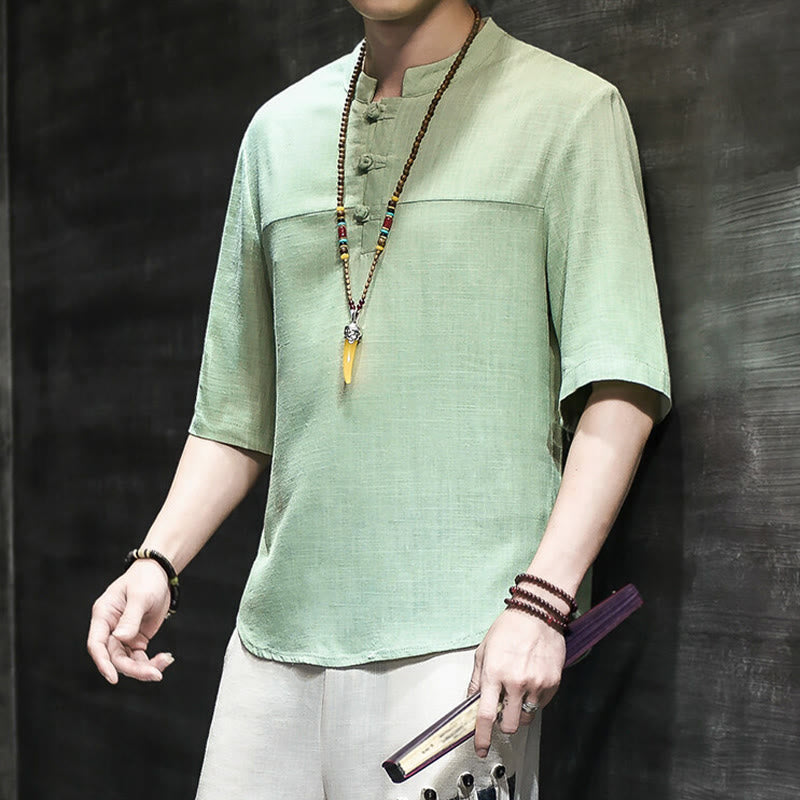 Casual Vintage Chinese Frog-Button Men's Half Sleeve Cotton Linen T-Shirt