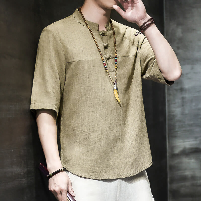 Casual Vintage Chinese Frog-Button Men's Half Sleeve Cotton Linen T-Shirt